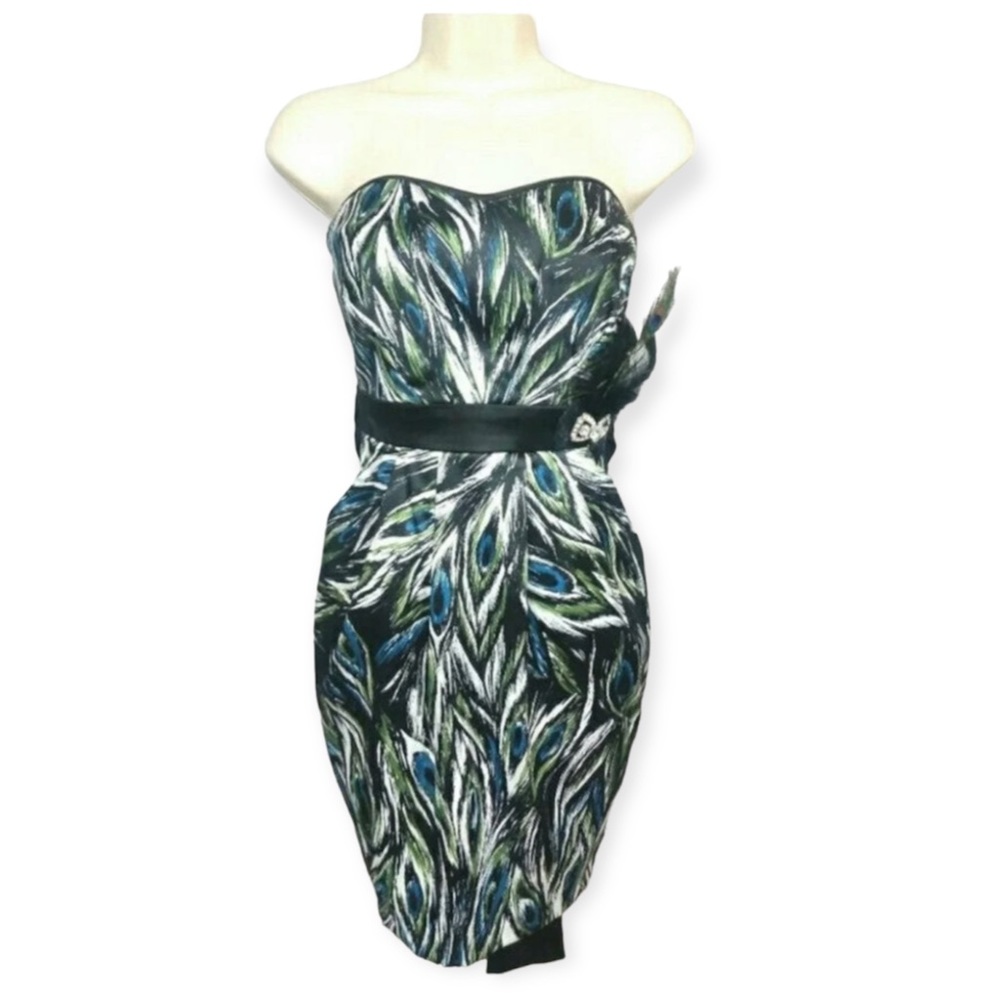 Vintage New Year Sweetheart Dress Peacock satin feathers rhinestone women’s S